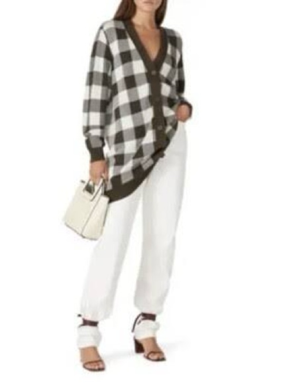 Buffalo Check V-Neck Cardigan in Olive and White